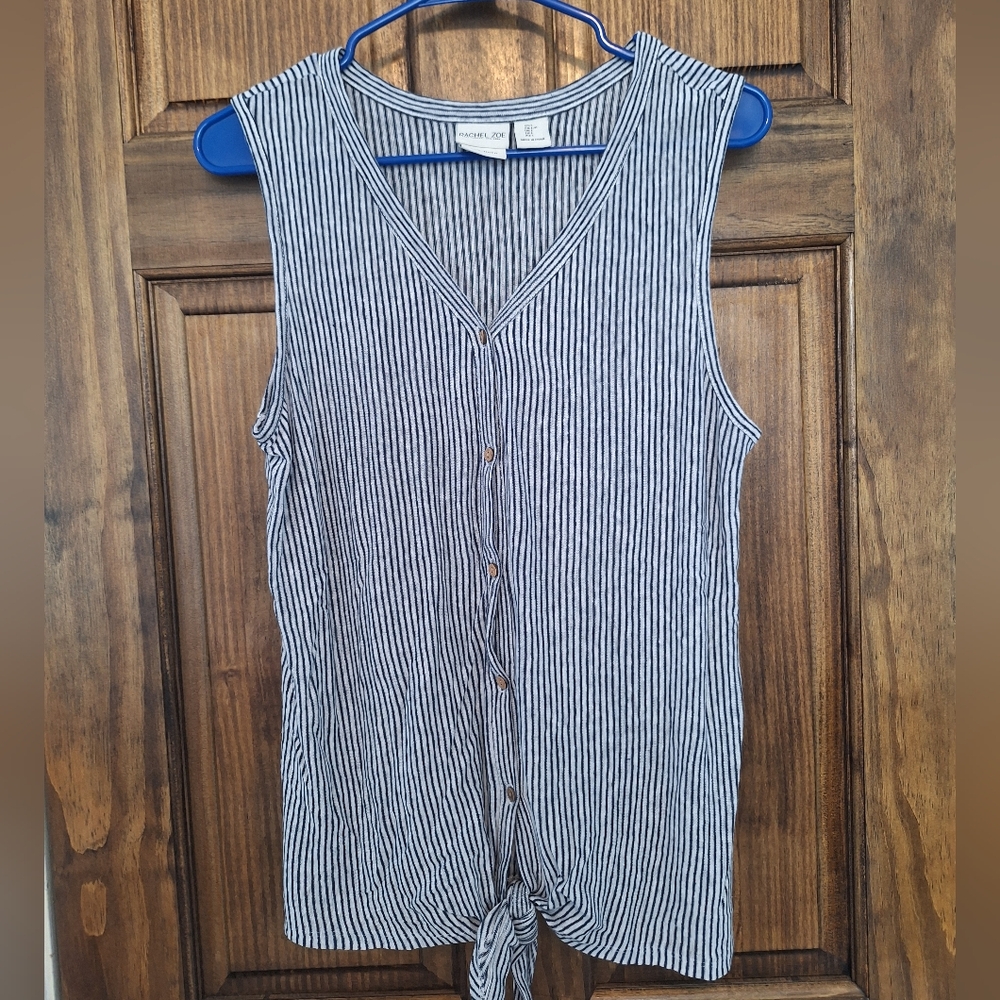 Rachel Zoe Striped Sleeveless Linen Button Down Top With Tie Size Large